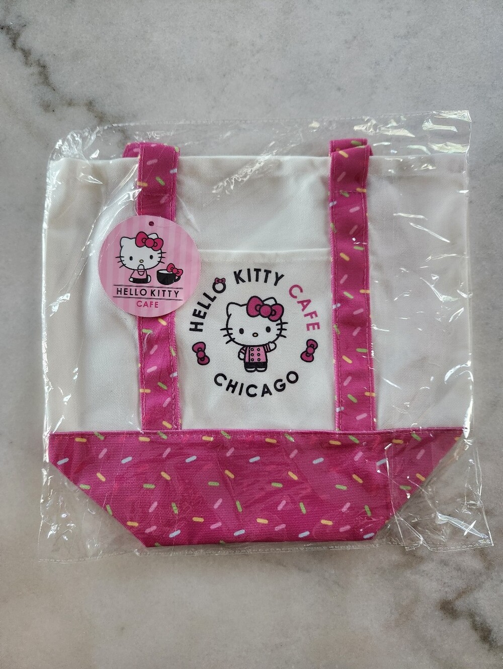 Hello Kitty Cafe CHICAGO Exclusive Canvas Reusable Tote Bag Pink SPRINKLES NWT